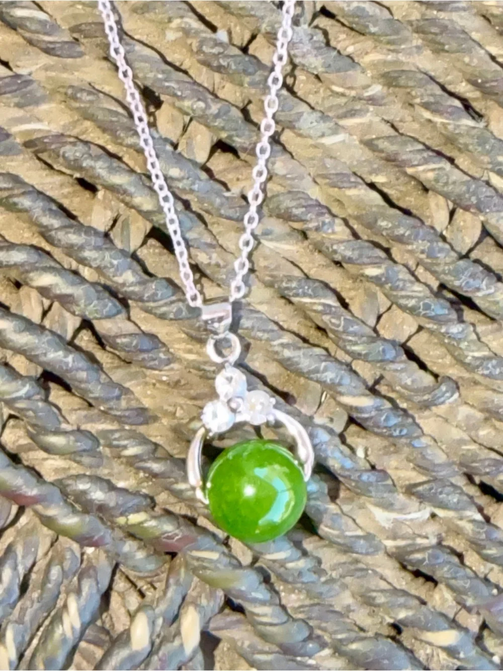 New Rare Jadeite Stone Green 925 Sterling Silver White Sapphire Artisan Necklace